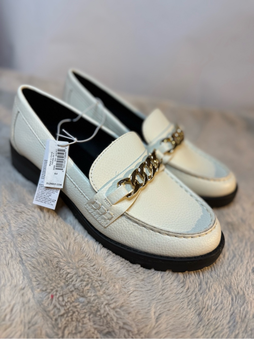 Old Navy Cream Loafers with Gold Chain Accent